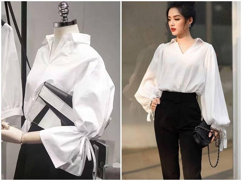 Chân váy xòe dài phối cùng áo sơ mi và blazer thanh lịch, tạo phong cách công sở chuyên nghiệp và sang trọng